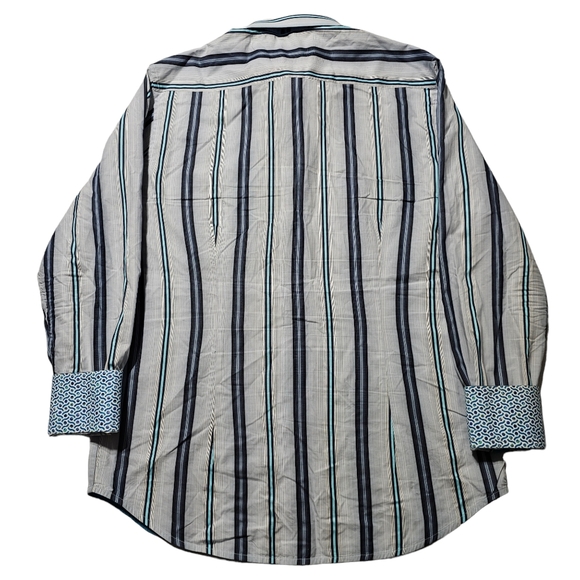Robert Graham Shirt Mens Large Gray Blue Stripes Long Sleeve Button Up Flip Cuff - Picture 4 of 9